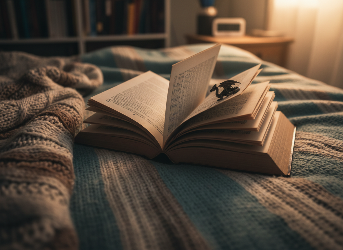 A thick, slightly dog-eared fantasy novel lies open in the middle of a cozy bed, its cream-colored pages fanned like wings, a whimsical metal bookmark shaped like a tiny dragon peeking out at page 5. The book rests on a rumpled, soft-knit duvet in muted teal and warm gray, with a knitted blanket half-slid aside as if abandoned mid-chapter. Warm bedside lamp light pools over the text, leaving the edges of the room in gentle shadow. Shot from a slightly elevated angle in photographic realism, with shallow depth of field that blurs a distant bookshelf and glowing alarm clock, the mood is playful, inviting, and just on the edge of sleepiness.