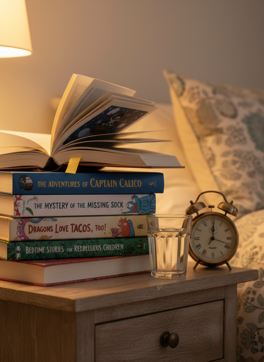 A neat stack of colorful hardcover books, each with playful, illustrated spines, balances precariously on a wooden nightstand beside a simple glass of water and a small, vintage-style alarm clock paused at 23:05. The top book is open to page 5, pages slightly curled, as if left in a hurry. Soft, warm bedside lighting spills from an unseen lamp, catching the glossy dust jackets and creating gentle reflections on the clock’s metal rim. Photographic realism with an eye-level composition, shallow depth of field, and a cozy, humorous atmosphere, suggesting the nightly ritual of “just one more chapter” that never quite ends on time.