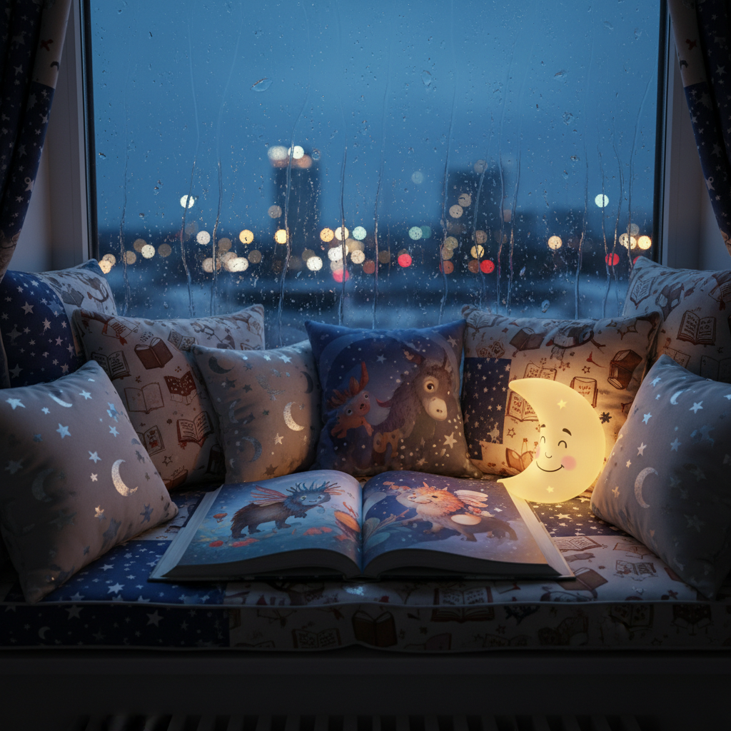 A cozy reading nook built into a wide window ledge is piled high with cushions in mismatched patterns—stars, moons, and tiny books—surrounding an open children’s bedtime story, its thick, matte pages filled with colorful illustrations of fantastical creatures. A small battery-operated lantern shaped like a smiling moon sits beside the book, casting a soft golden glow that mixes with the cool, dusky blue light from the evening sky outside. Raindrops streak down the window, creating bokeh reflections of distant city lights. Captured in photographic realism from a slightly low angle with a gentle wide shot, the mood is playful, dreamy, and full of anticipation for a long, wakeful fantasy night.
